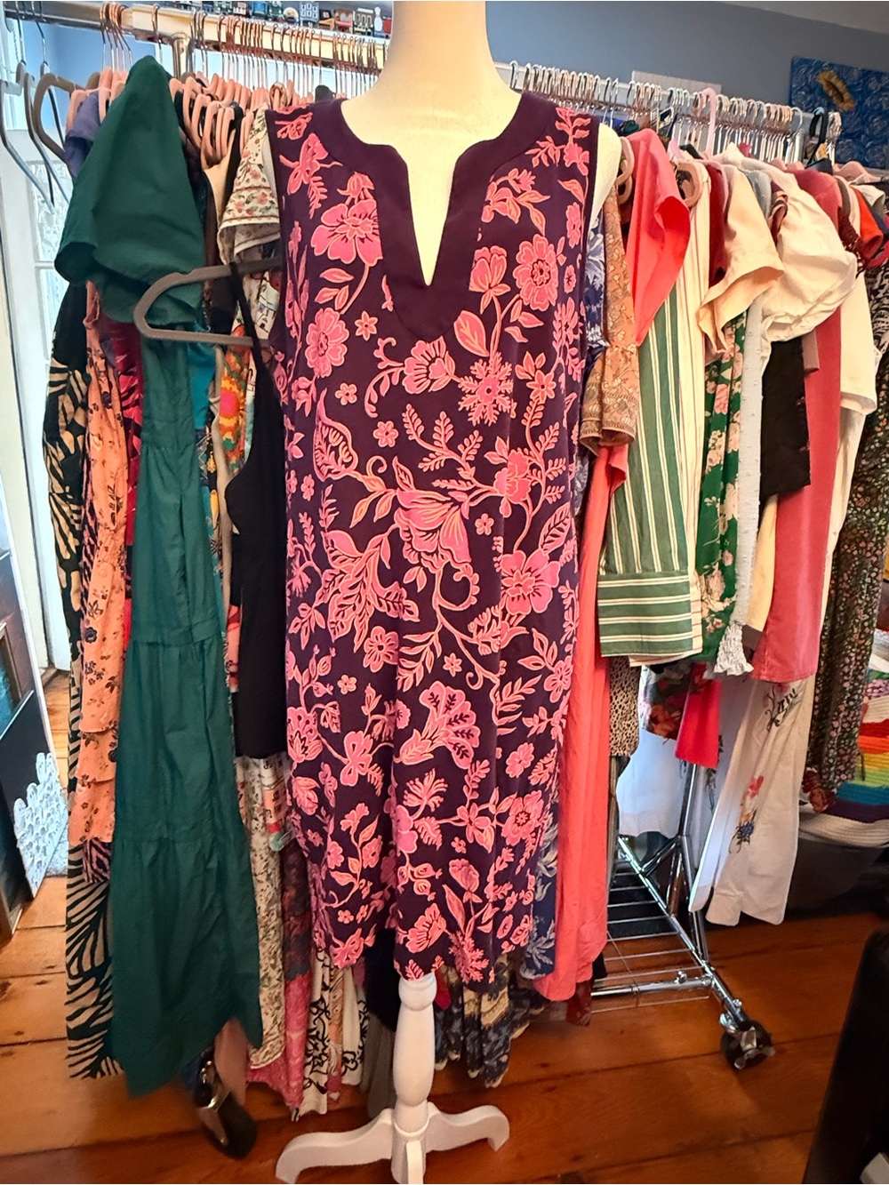Lands' End Navy Dress with Pink Floral Print